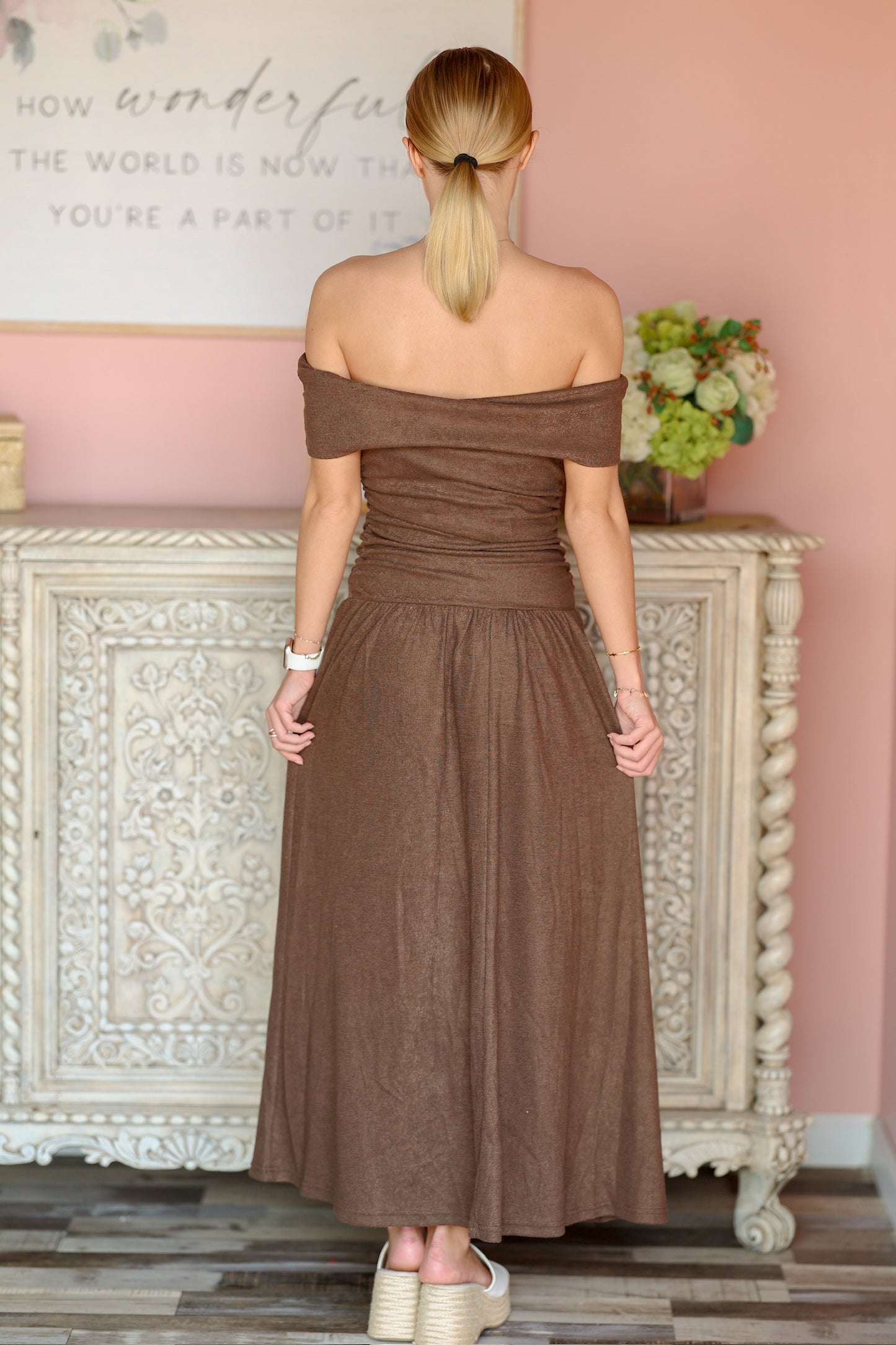 Off The Shoulder Brown Midi Dress