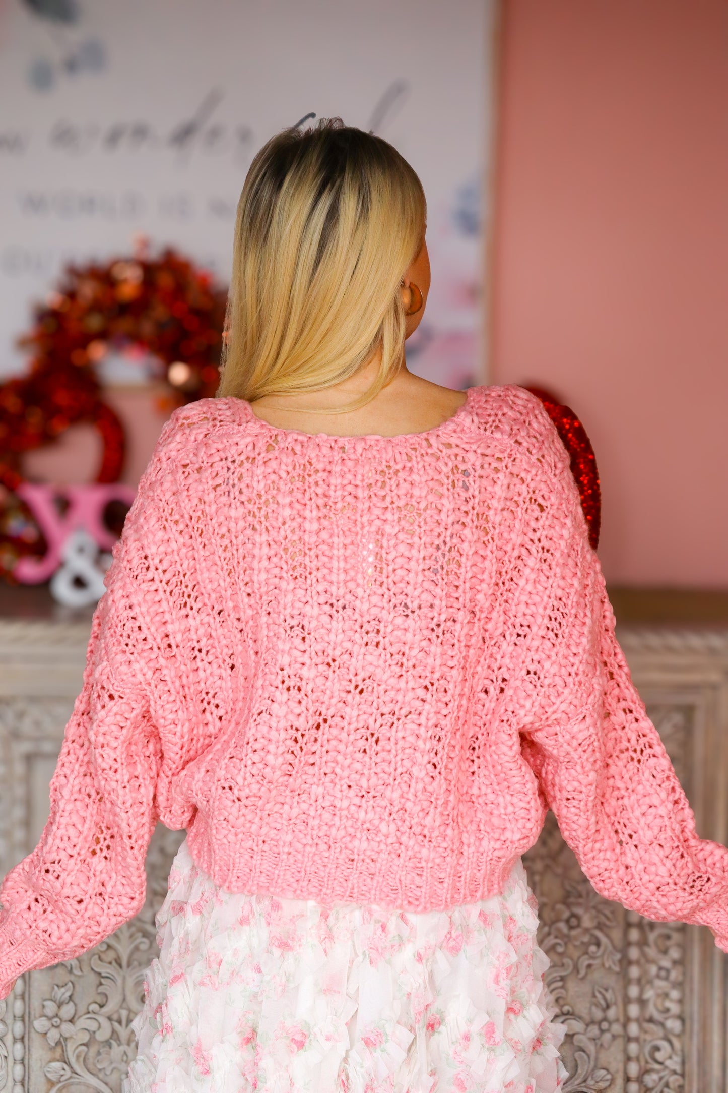 Pink Popcorn V Neck Sweater