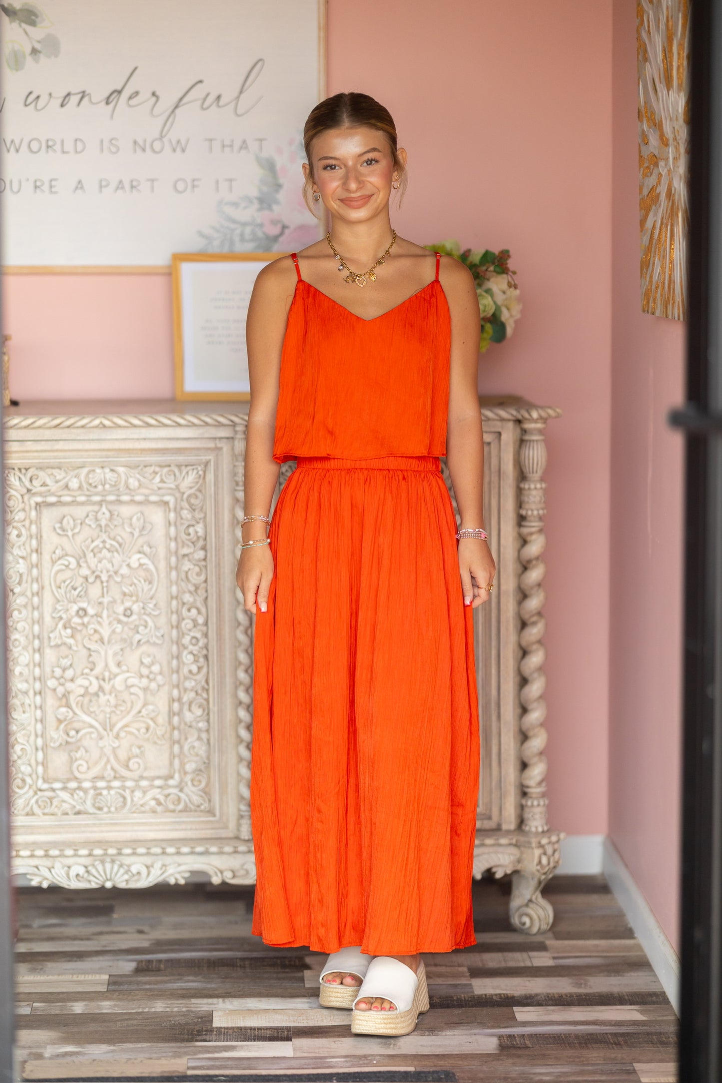 Fire Orange Crinkle Midi Skirt