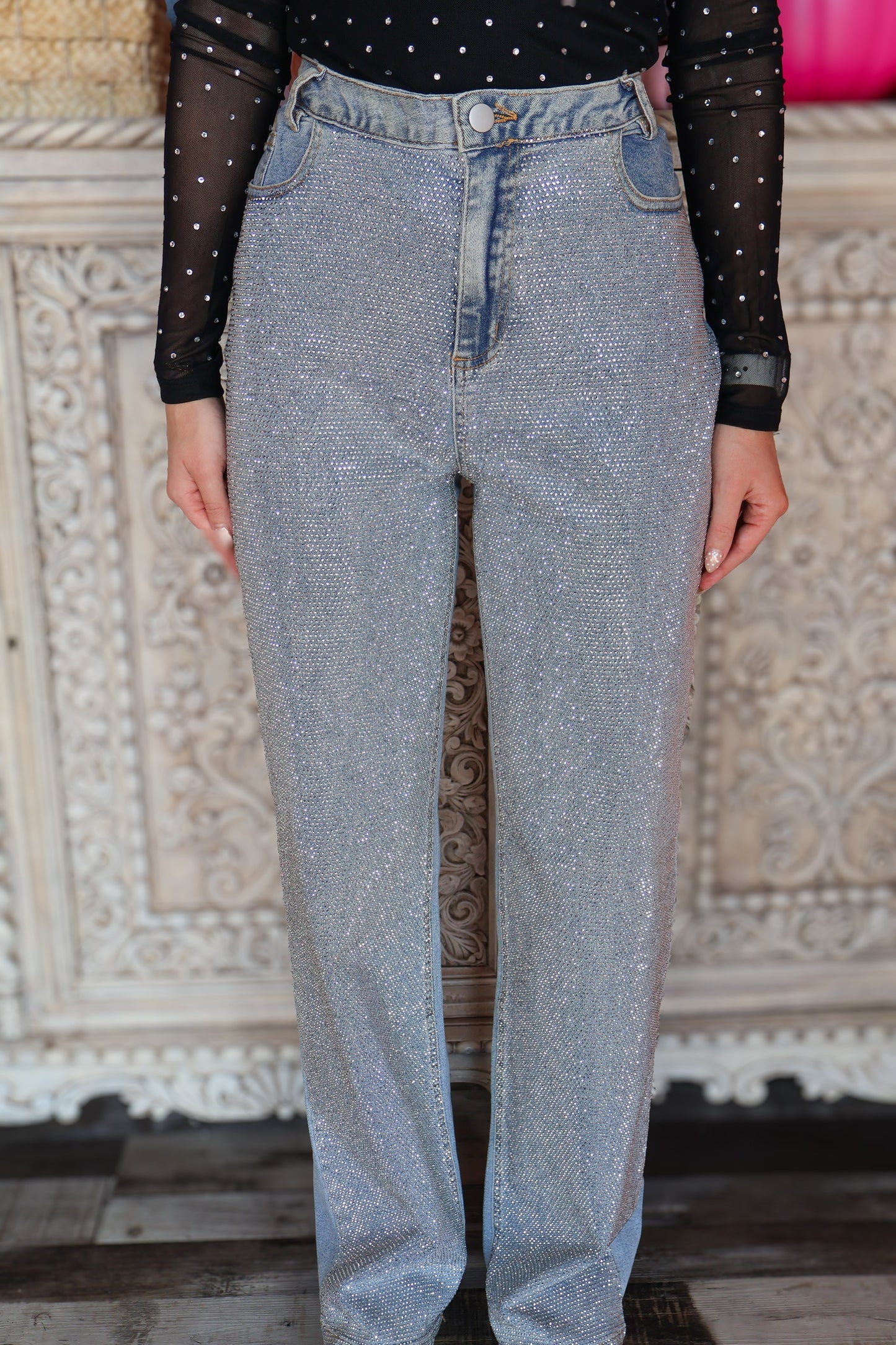 High Rise Rhinestone Jeans