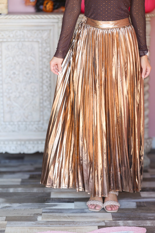 Metallic Pleated Maxi Skirt