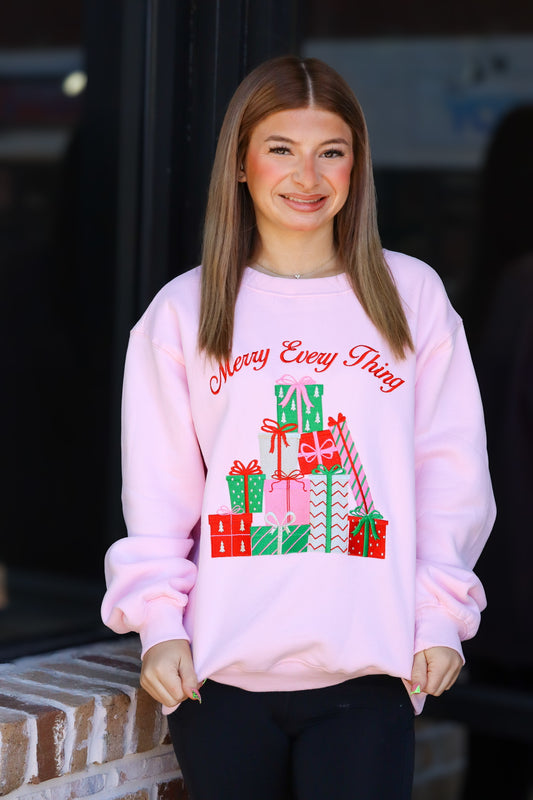 "Merry Every Thing" Embroidered Pink Sweatshirt