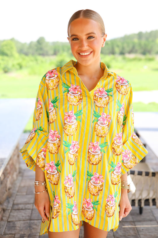 QOS Yellow Striped Coconut Drink Button Up Tunic