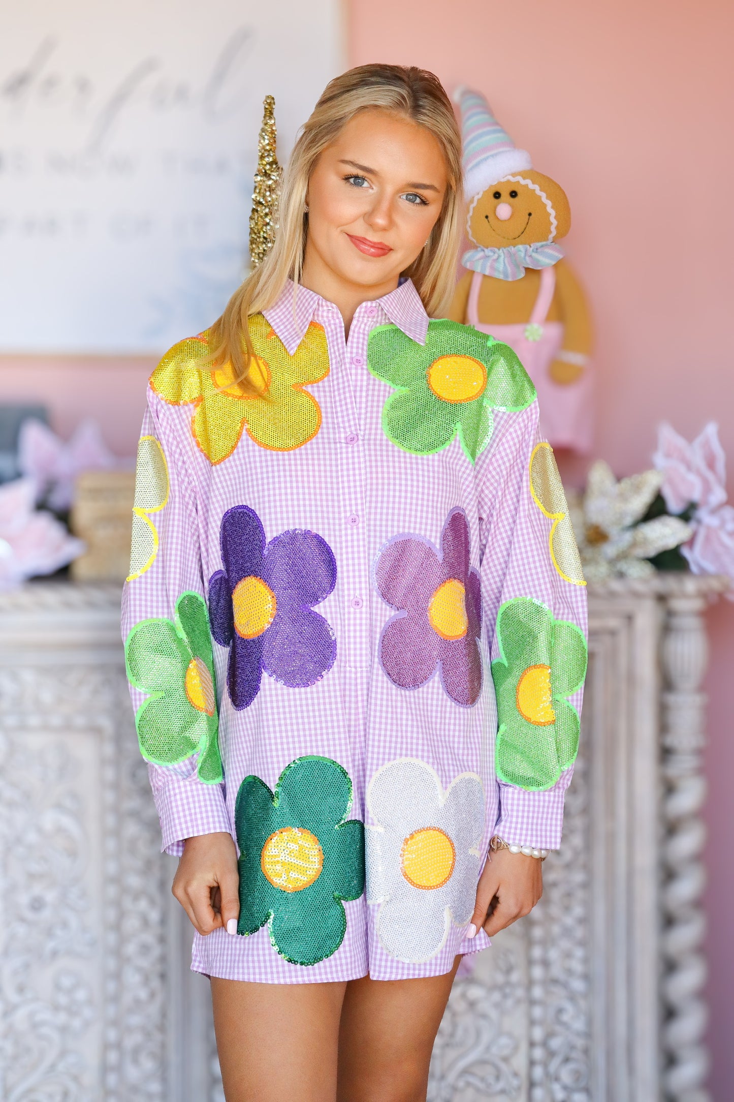 QOS Gingham Oversized Mardi Gras Flower Romper
