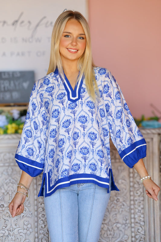 Blue and White Patterned Blouse