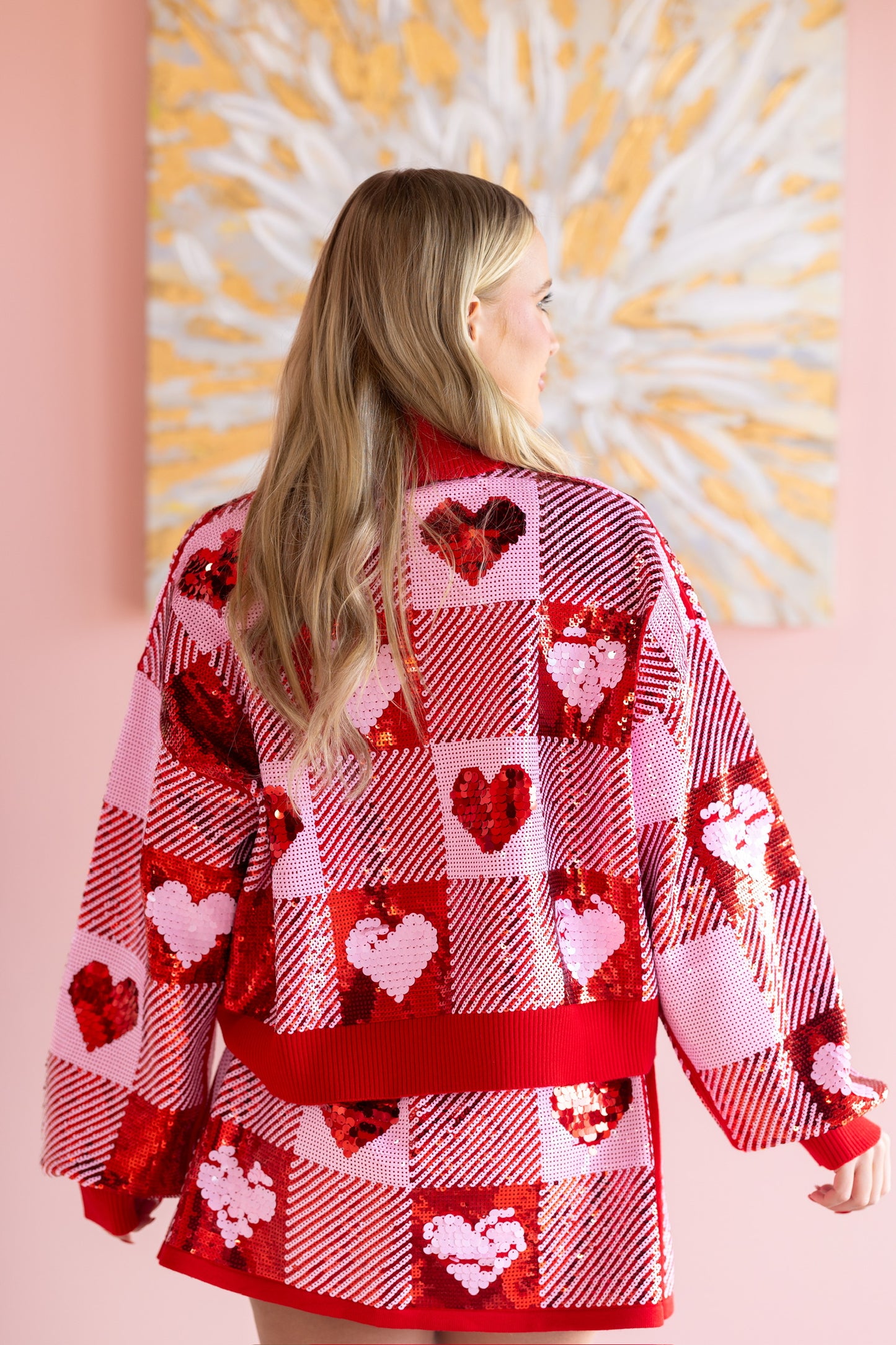 Sequin Hearts Plaid Sweater