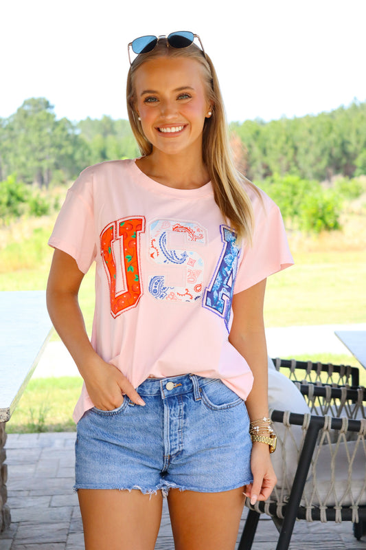 QOS Light Pink 'USA" Bandana Tee