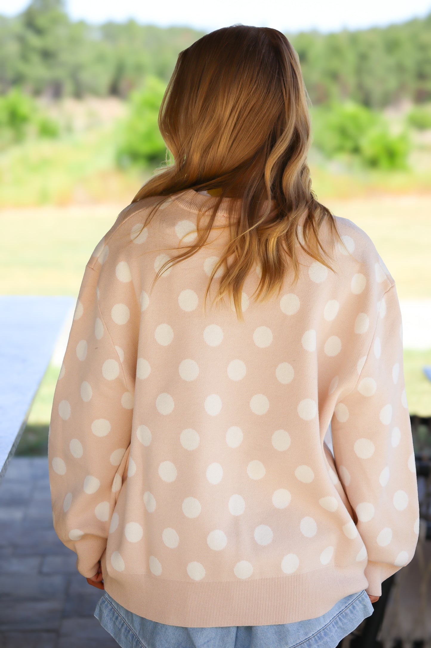 QOS Tan Polka Dot Horse Sweater
