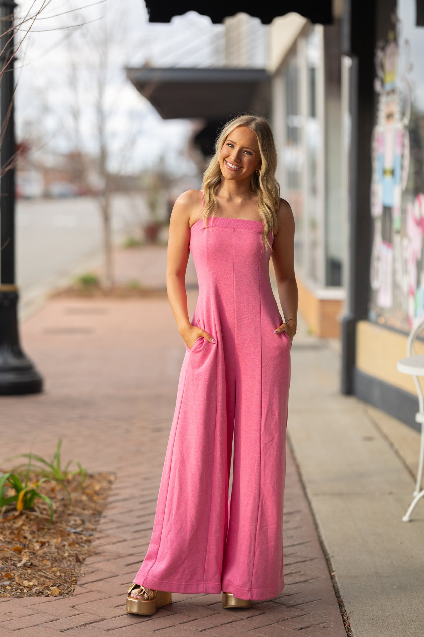 solid pink wide leg jumpsuit