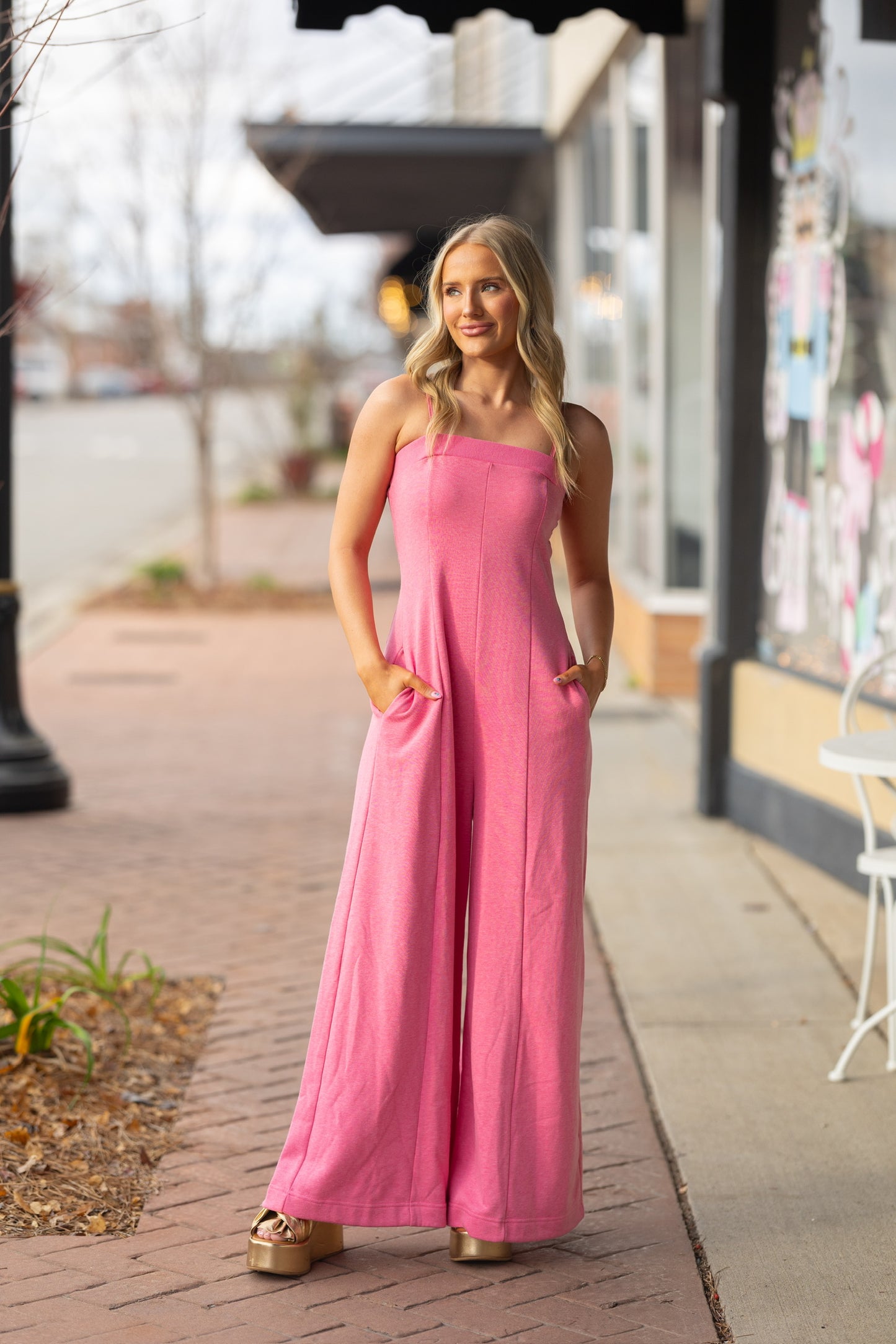 solid pink wide leg jumpsuit