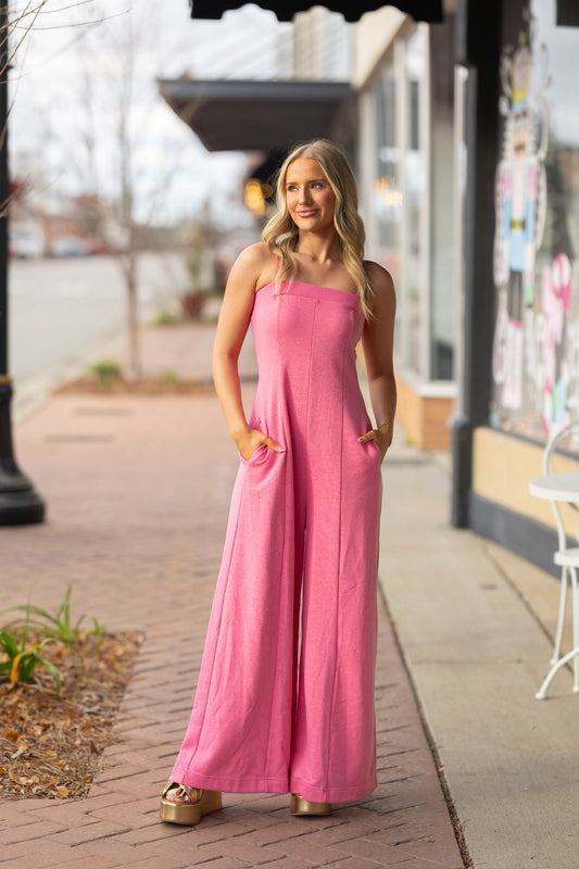 solid pink wide leg jumpsuit