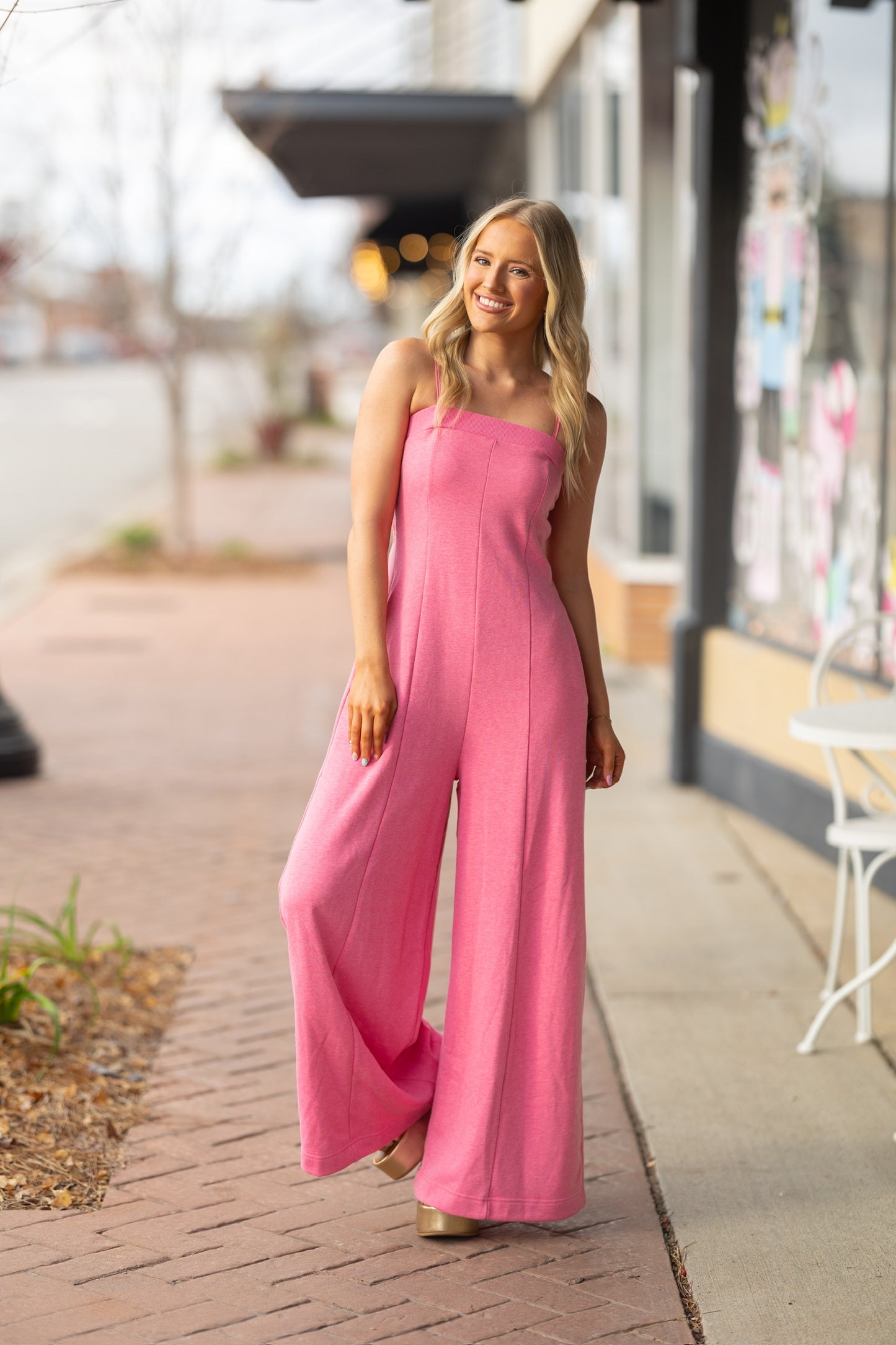 solid pink wide leg jumpsuit