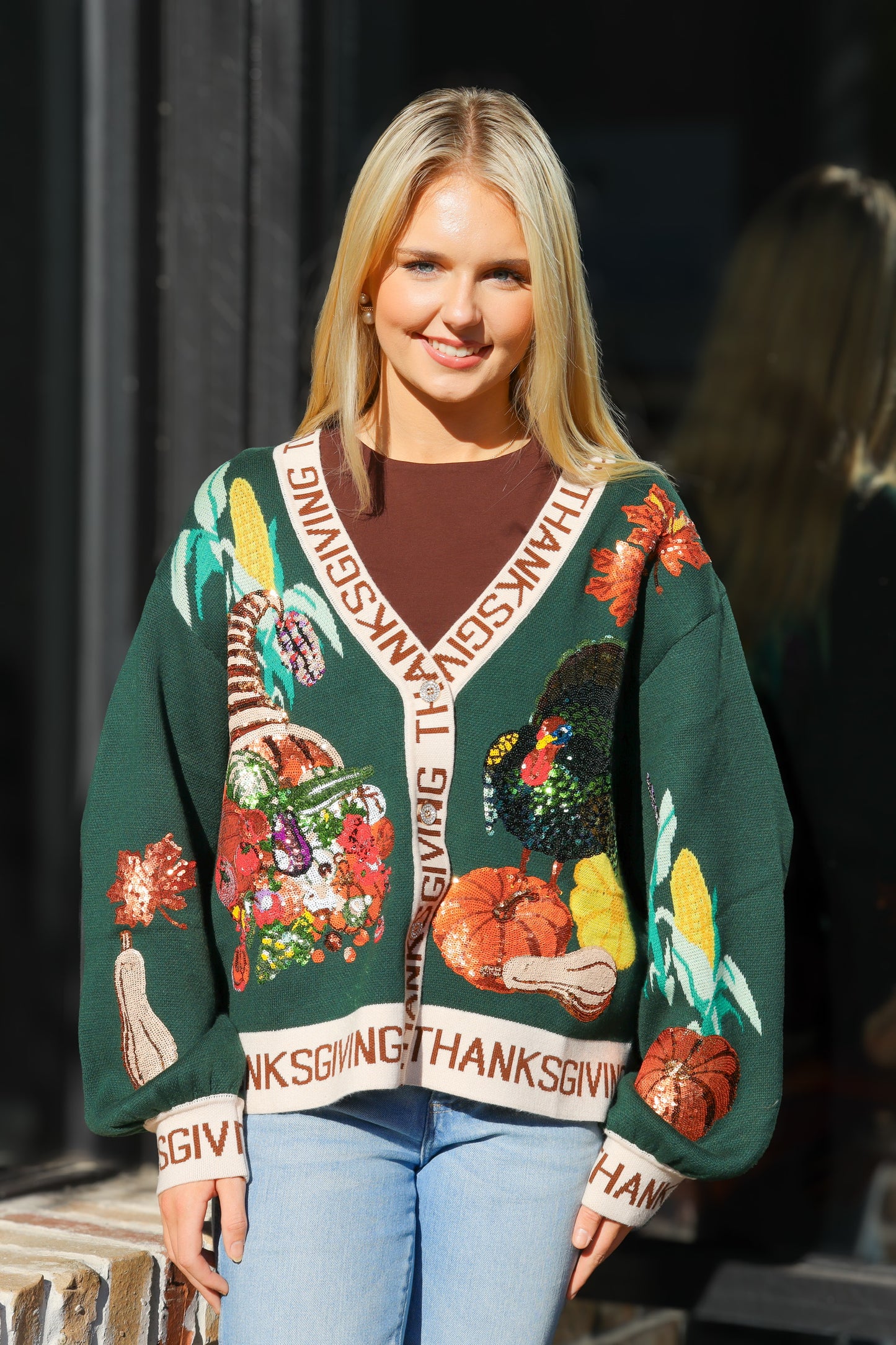 QOS Dark Green Thanksgiving Cardigan