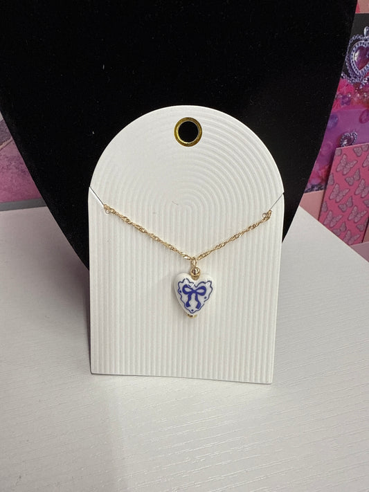 Blue/ White Bow Heart Necklace