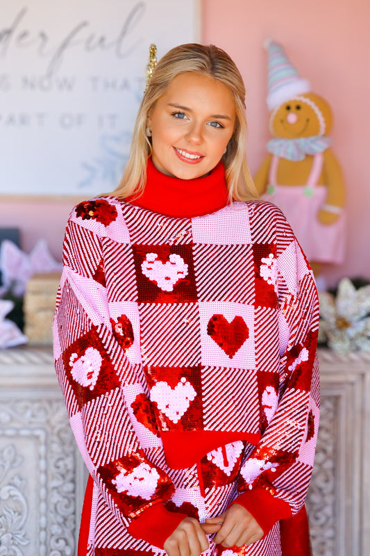 Sequin Hearts Plaid Sweater