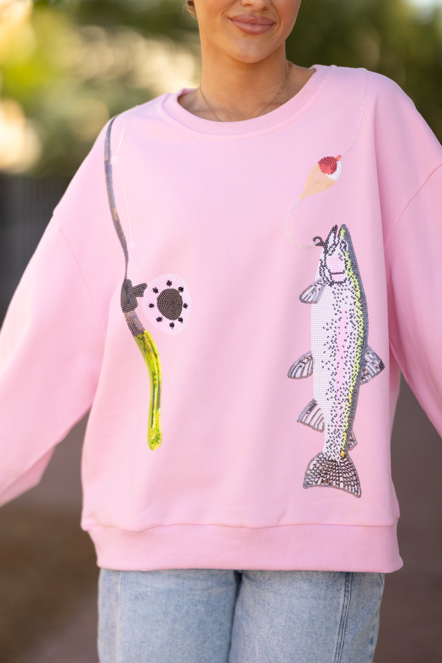 QOS Pink Fishing Pole W/ Hooked Fish Sweatshirt