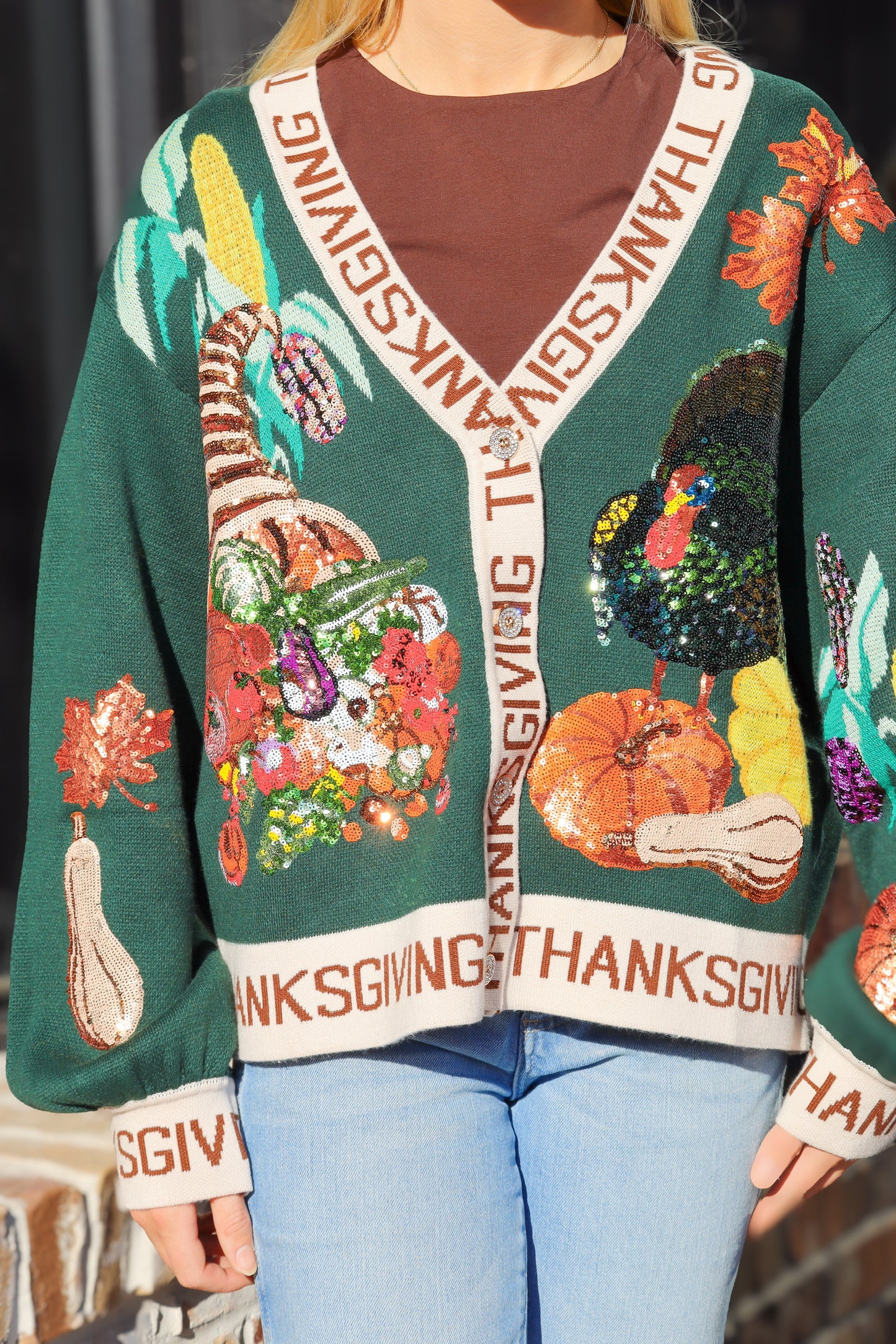 QOS Dark Green Thanksgiving Cardigan