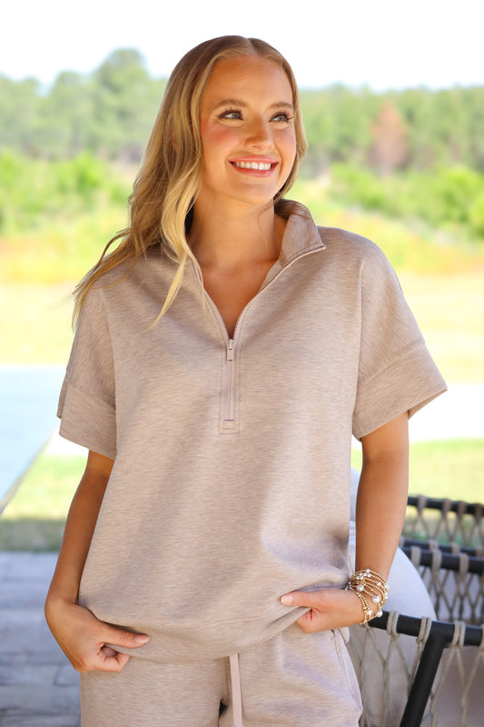 Taupe Short Sleeve Quarter Zip