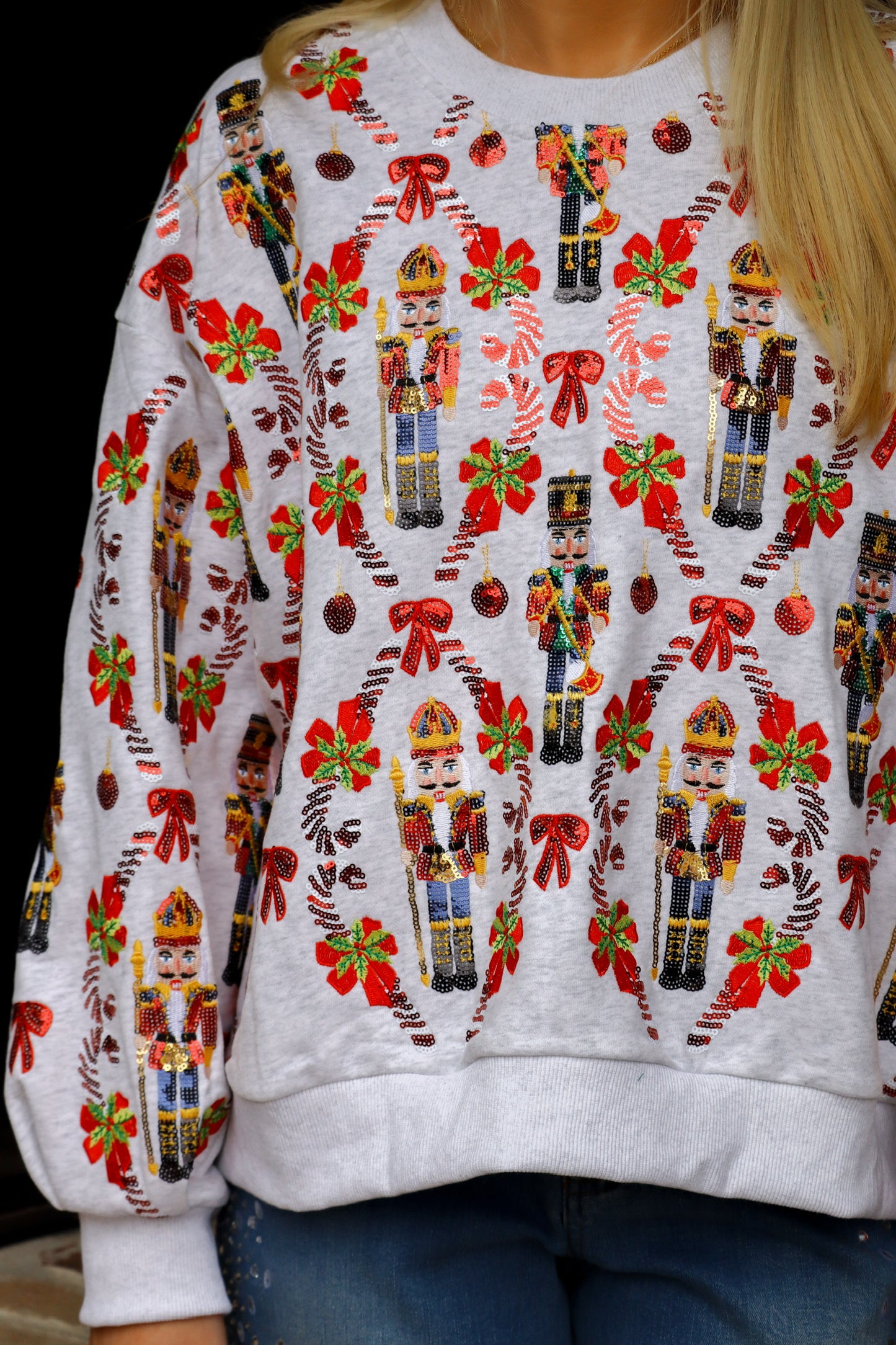 QOS Grey Nutcracker & Candy Cane Sweatshirt