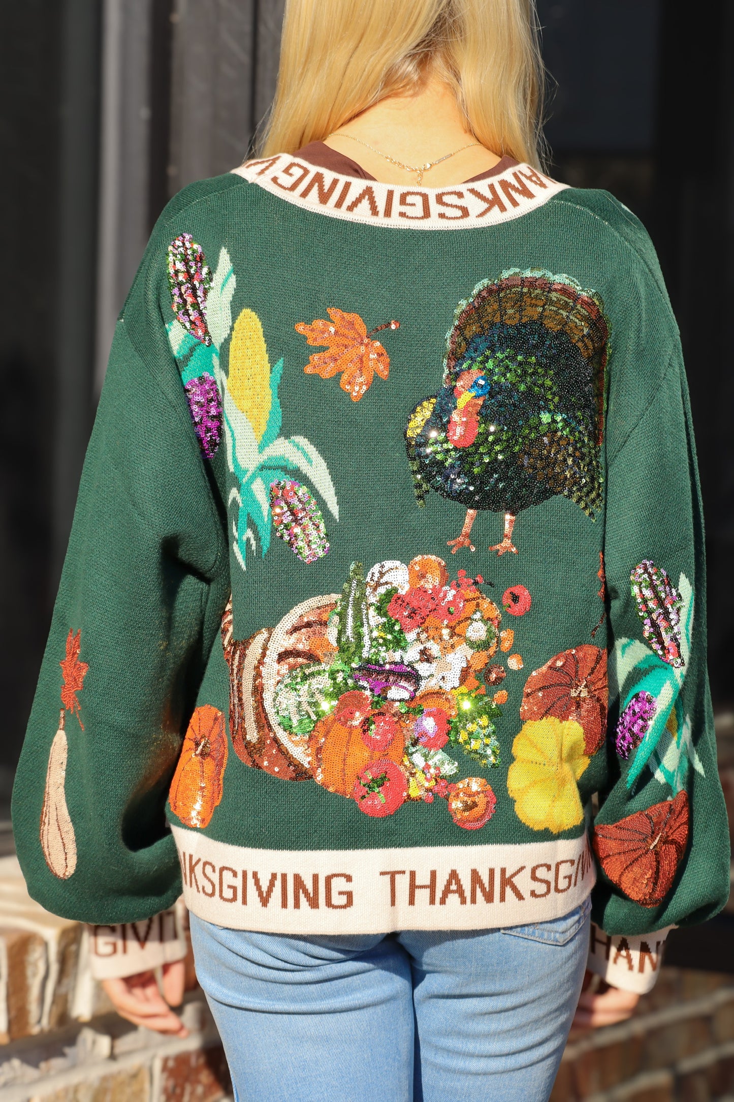 QOS Dark Green Thanksgiving Cardigan