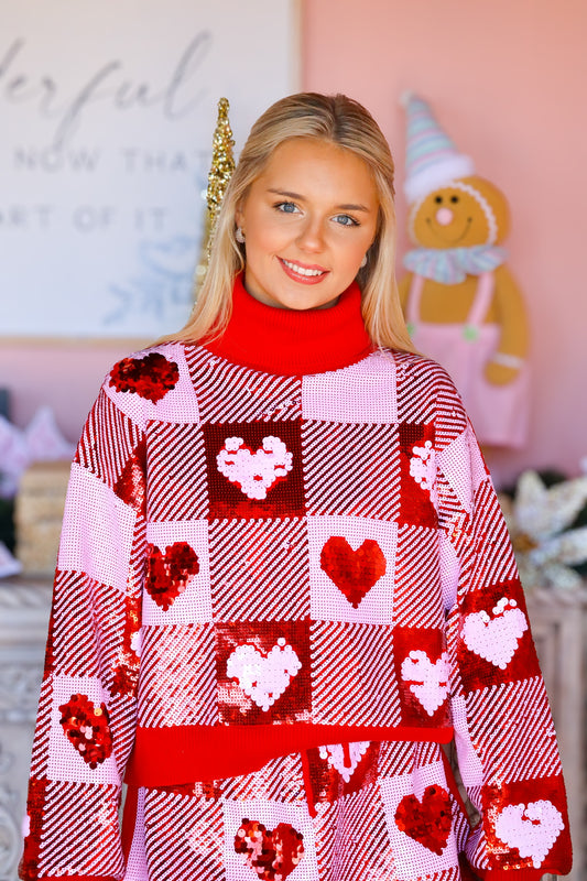 Sequin Hearts Plaid Sweater
