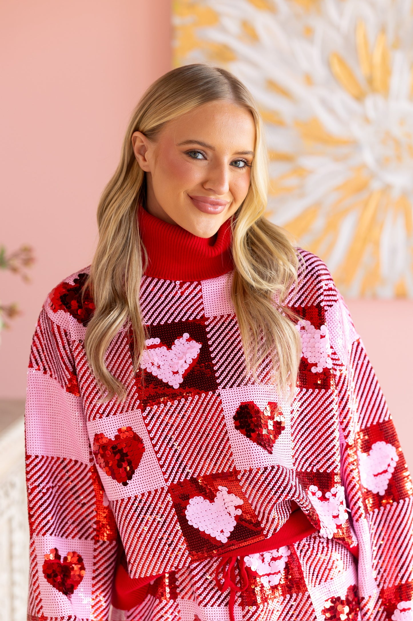 Sequin Hearts Plaid Sweater