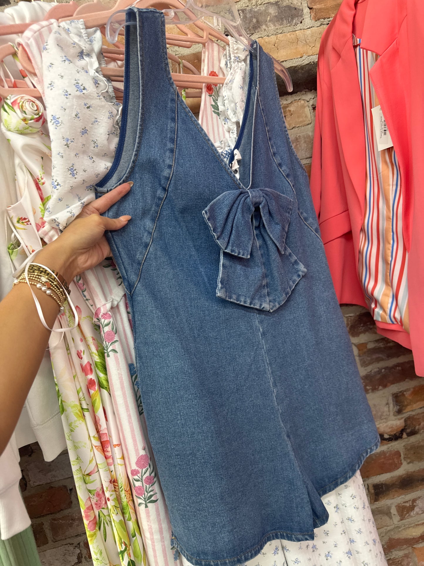 denim V-neck bow romper