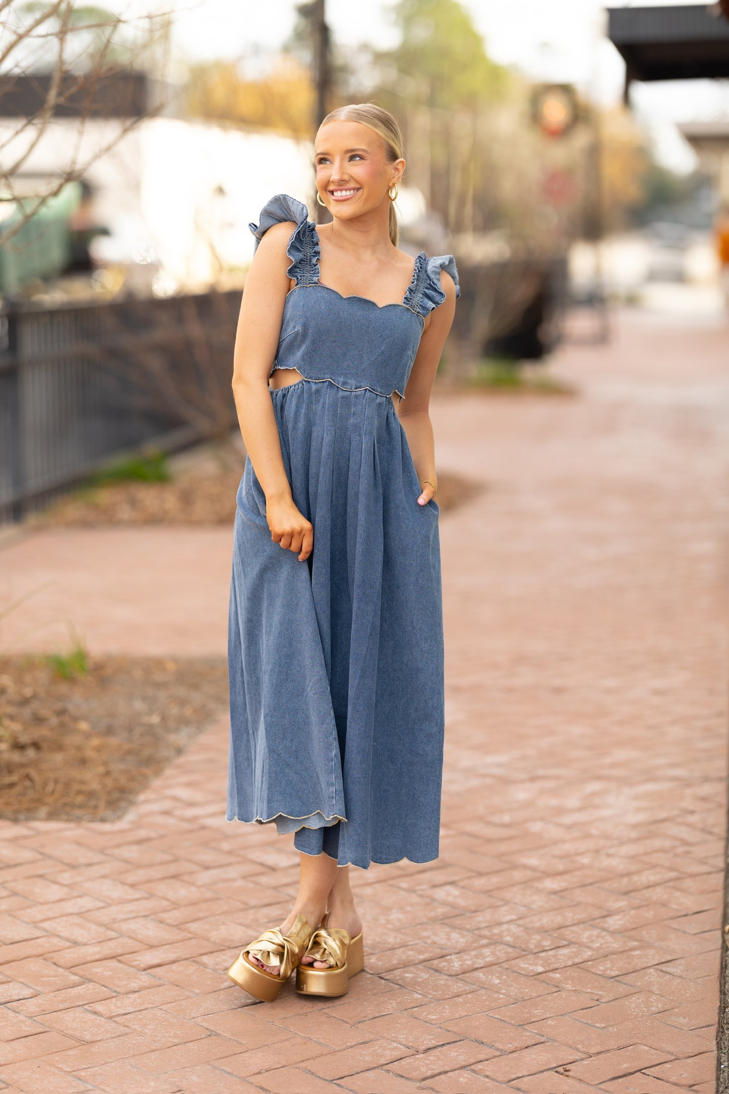 Denim Cut Out Midi Dress