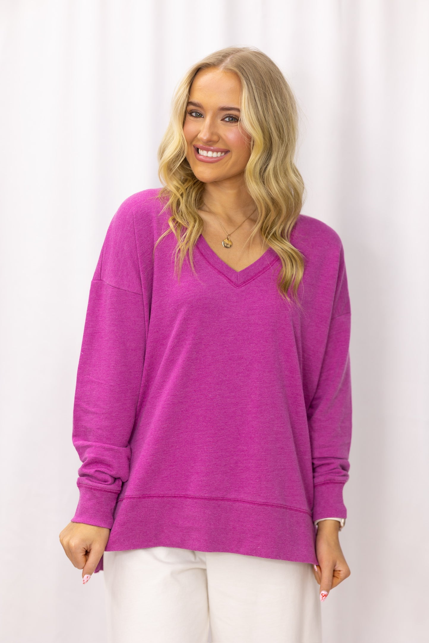 Magenta V-neck crew