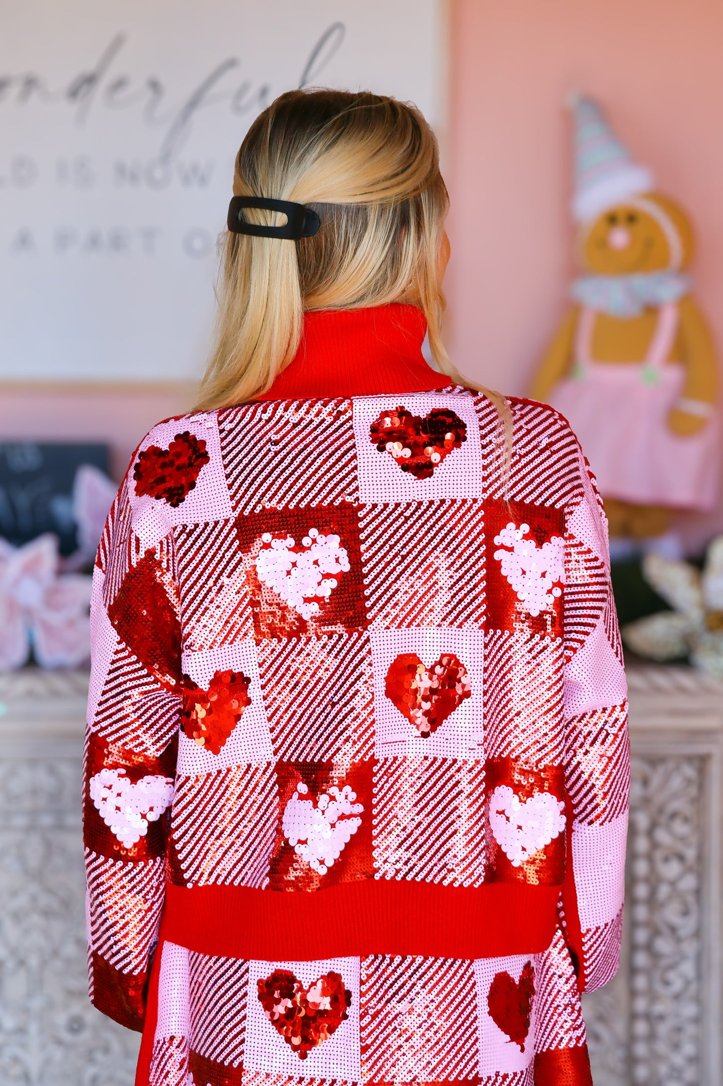 Sequin Hearts Plaid Sweater