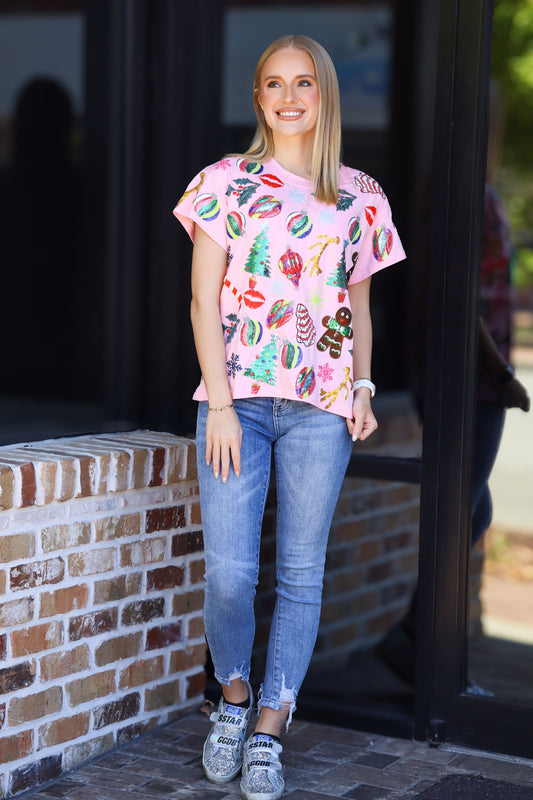 QOS Light Pink Christmas Icon Tee