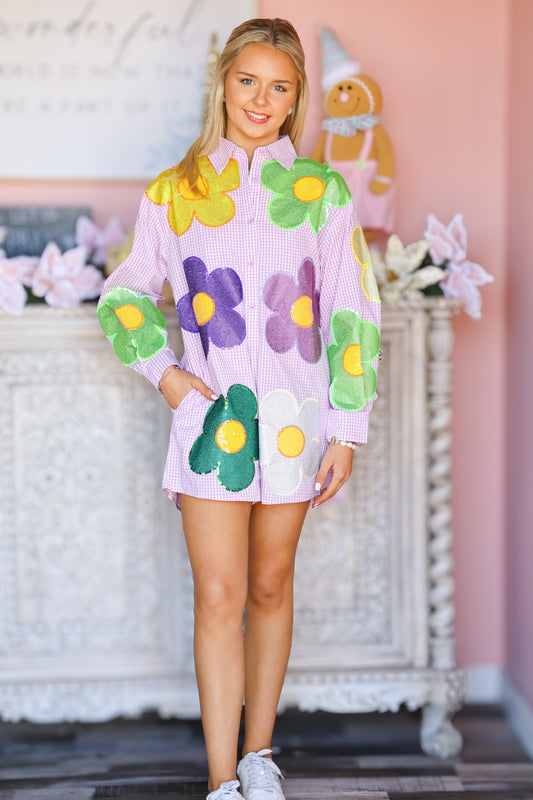 QOS Gingham Oversized Mardi Gras Flower Romper