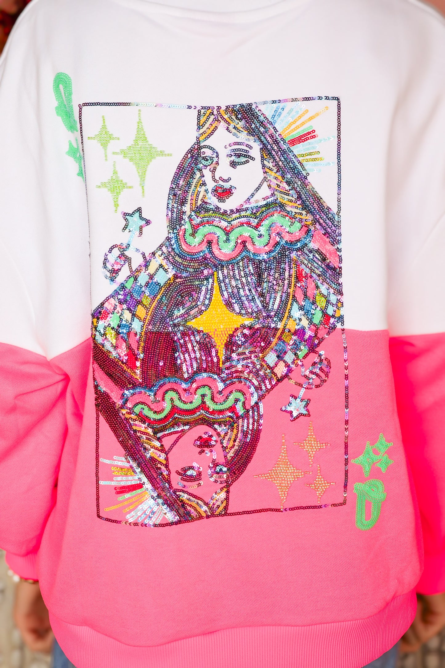 QOS White & Pink Color Block Logo Card Sweatshirt