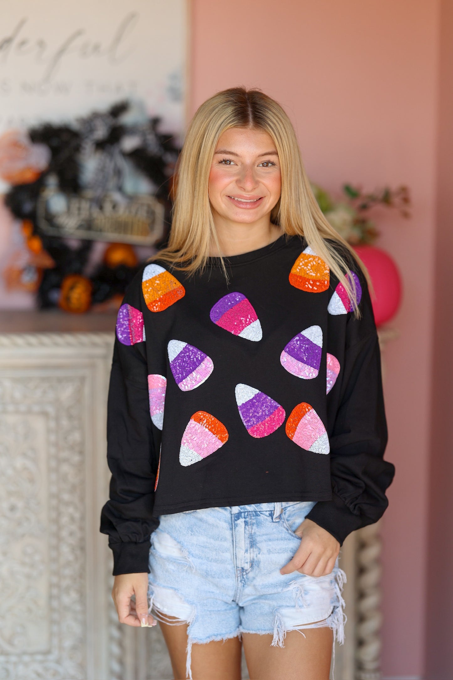 Candy Corn Sequin Cropped Sweatshirt