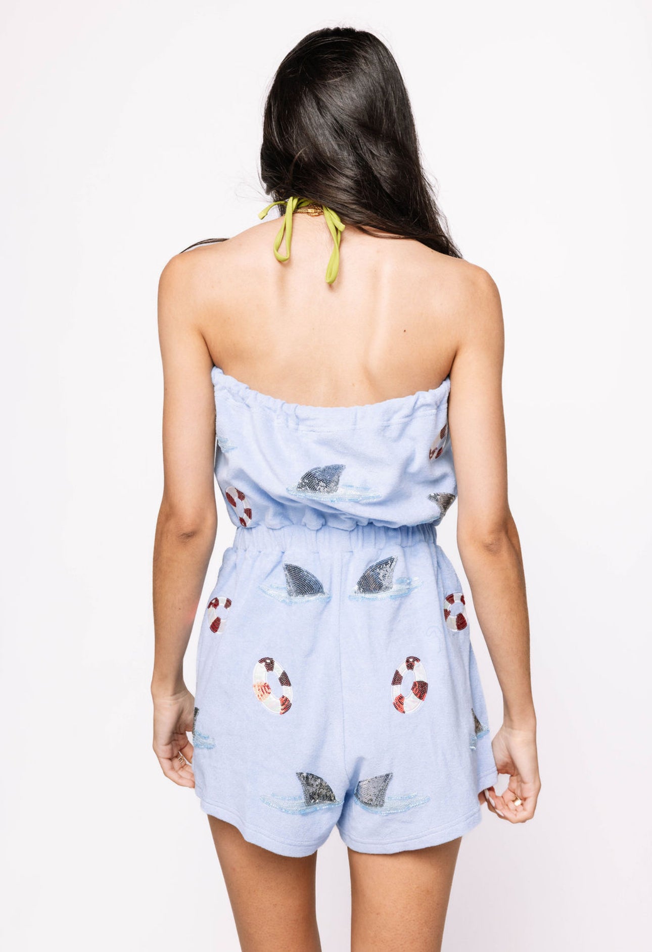 QOS Light Blue Strapless Terry Cloth Shark Fin Romper
