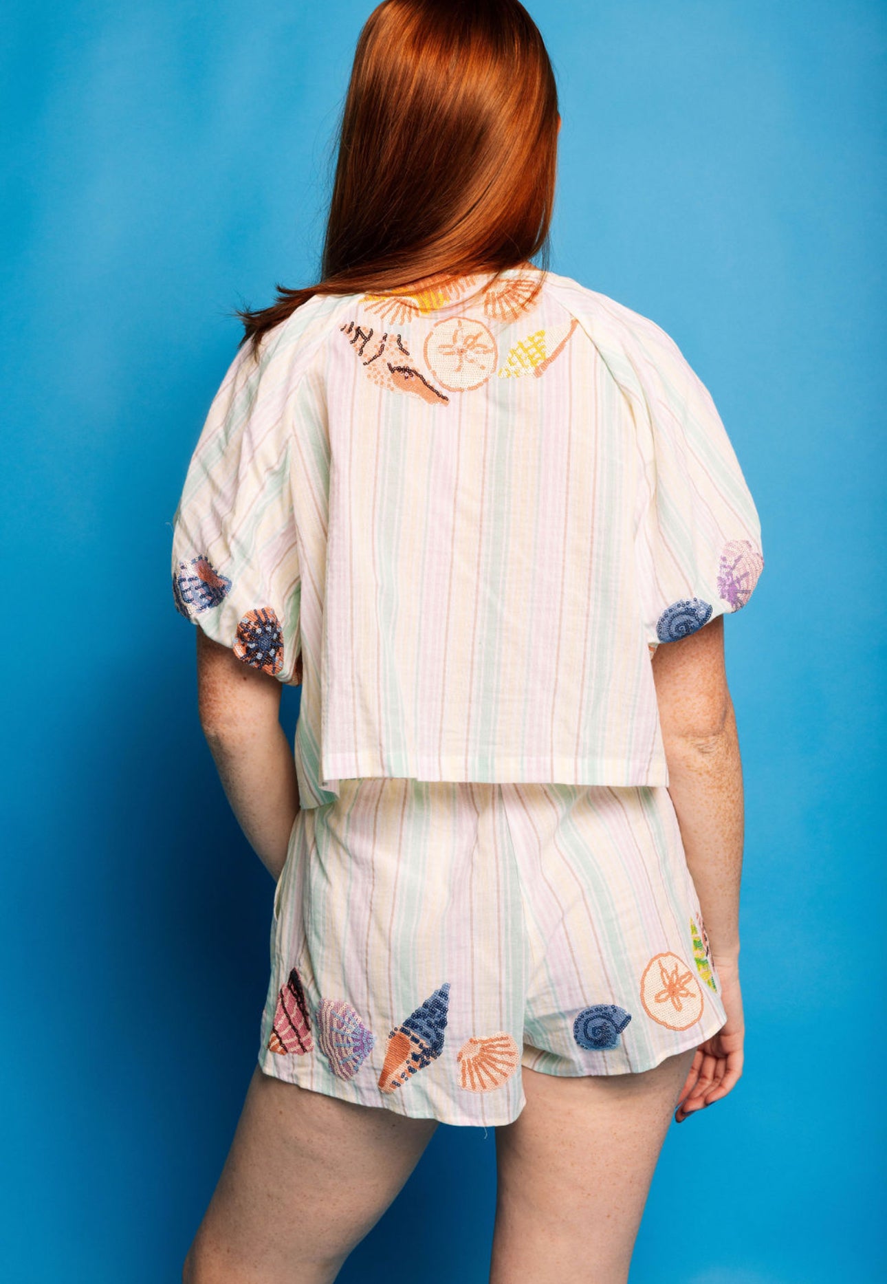 QOS Multi Stripe Button Up Shell Bubble Sleeve Top