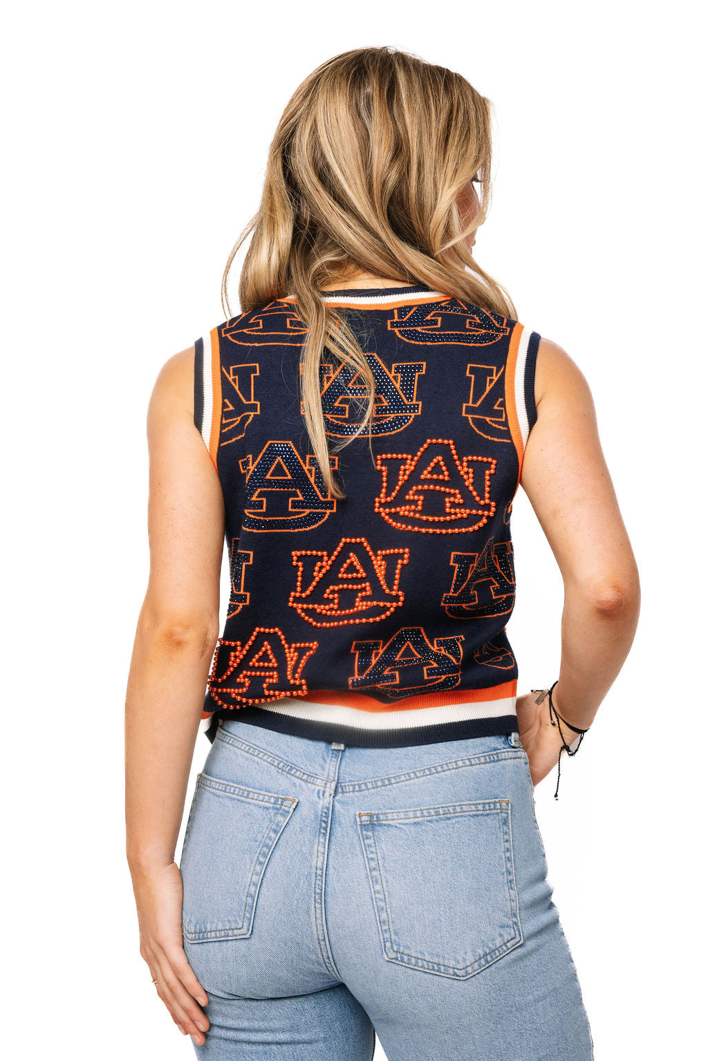 QOS Auburn Knitted Rhinestone Button Up Tank