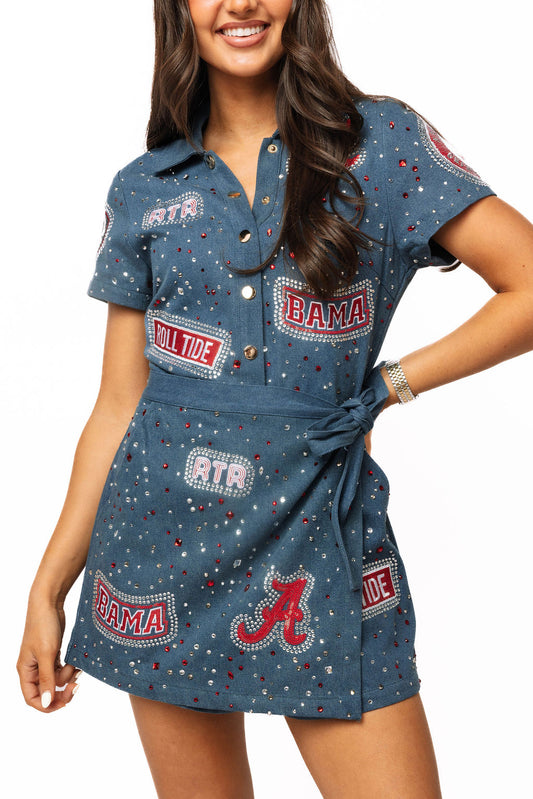QOS Licensed Bama Denim Multi Rhinestone Scattered Logo Tie Romper