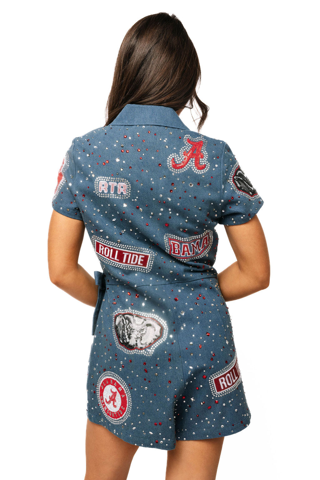 QOS Licensed Bama Denim Multi Rhinestone Scattered Logo Tie Romper