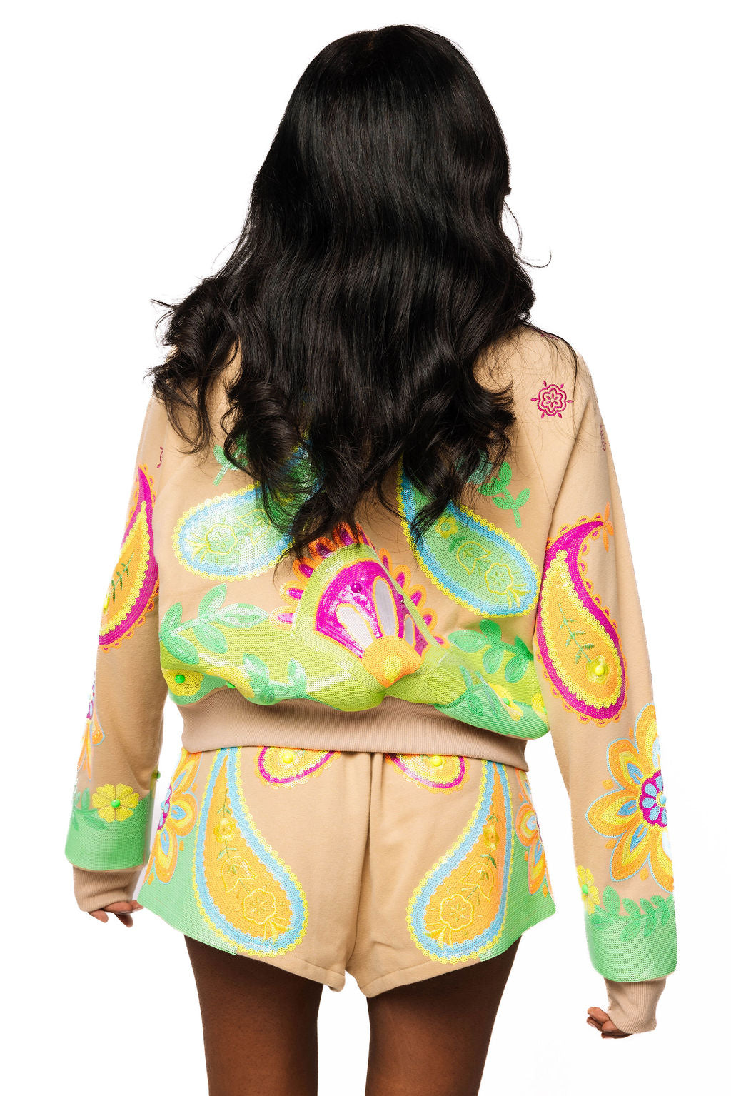 QOS Beige & Neon Paisley Print Shorts