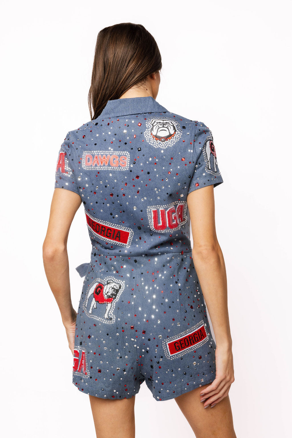 QOS UGA Denim Multi Rhinestone Scattered Logo Tie Romper