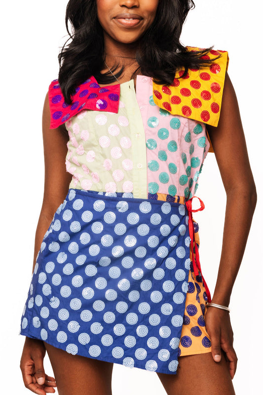 QOS Multi Colorblock Polka Dot Wrap Collar Romper