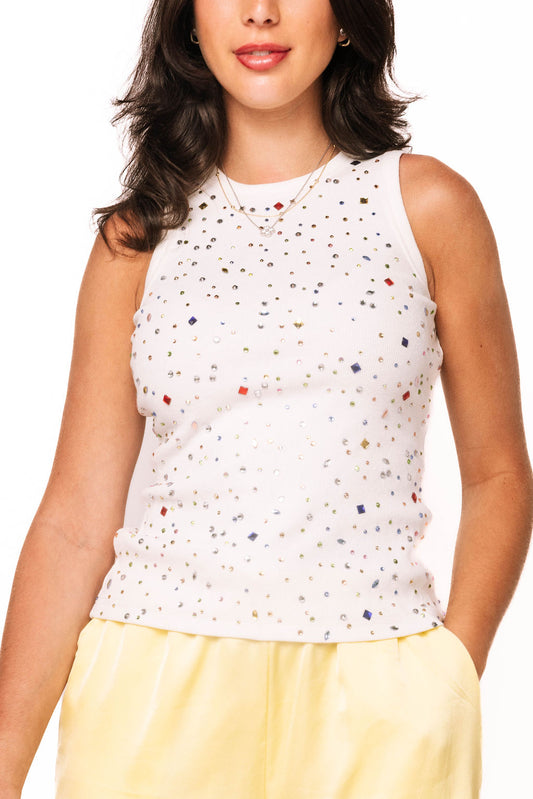 QOS White Multi Rhinestone Tank Top