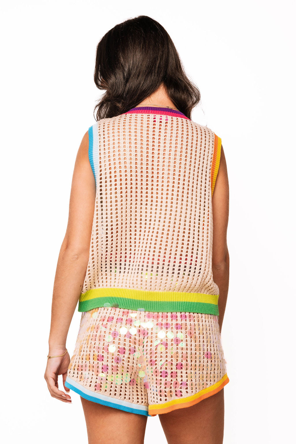 QOS Ivory Rainbow Trim Card Crochet Tank