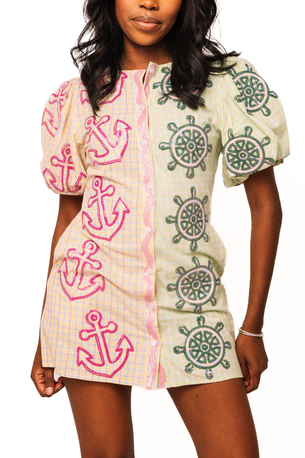 QOS Colorblock Plaid Anchor Button Up Poof Sleeve