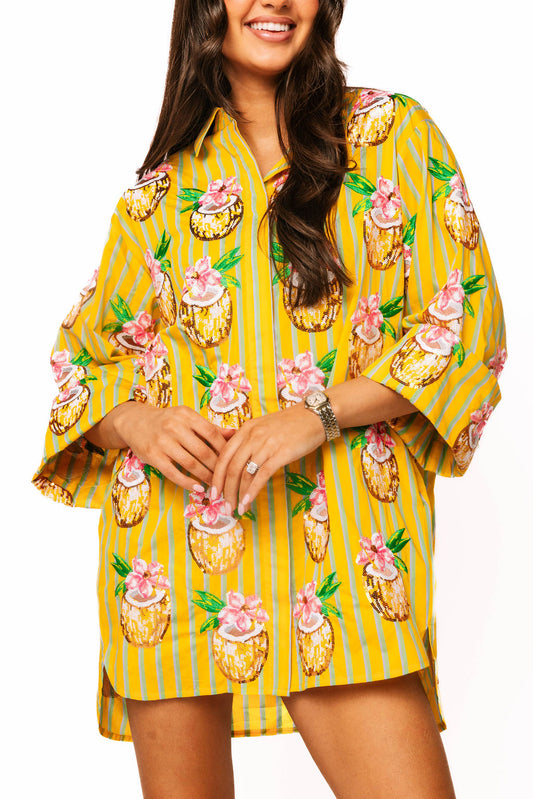 QOS Yellow Striped Coconut Drink Button Up Tunic