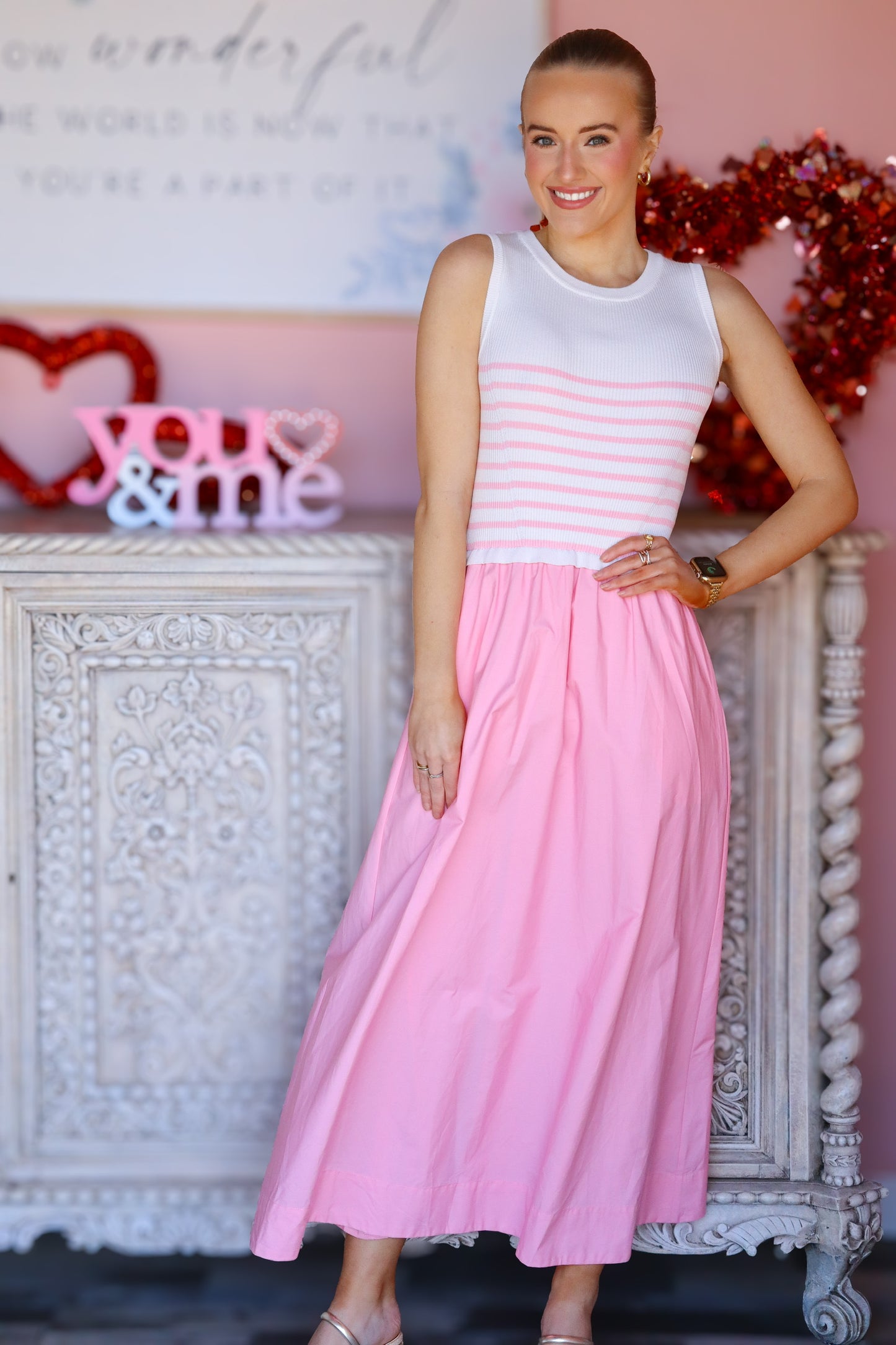 White & Pink Knit Tank Dress