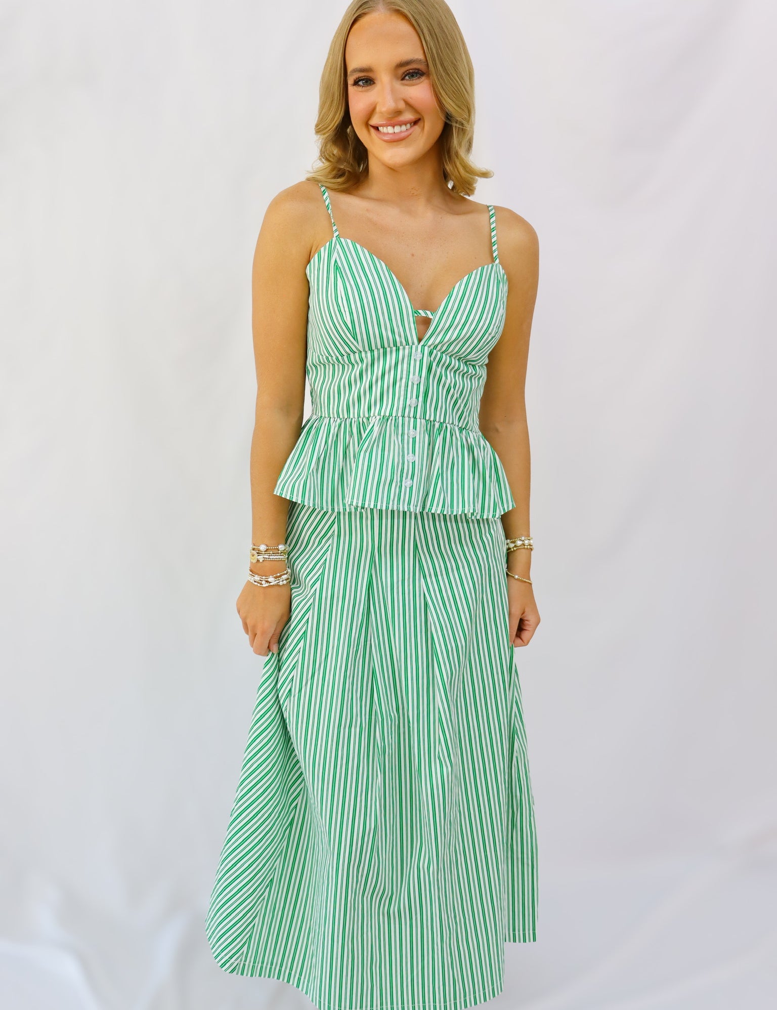Green and White Skirt Set
