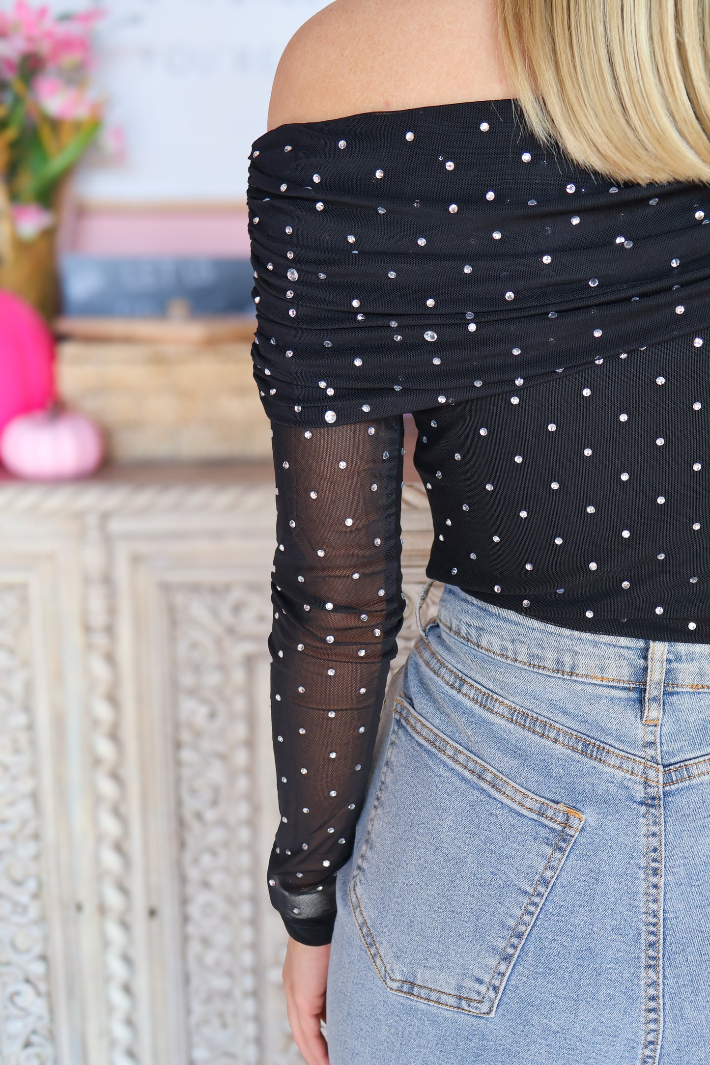 Black Stoned Shrug Top