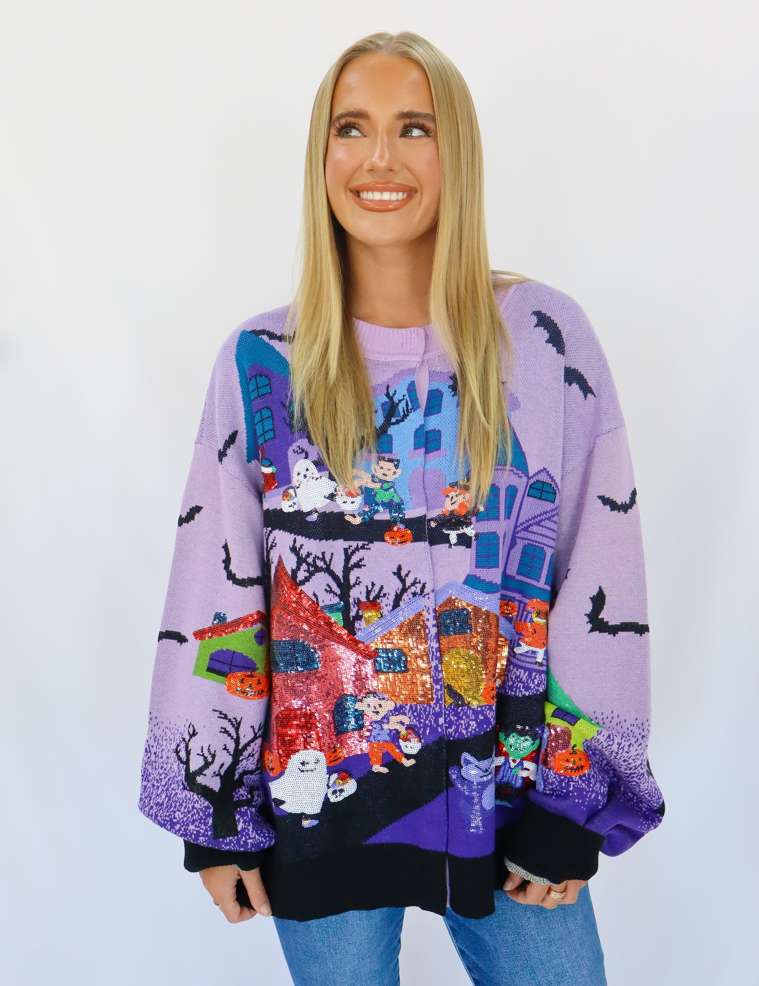 QOS Lavender Multi Trick Scene Cardigan